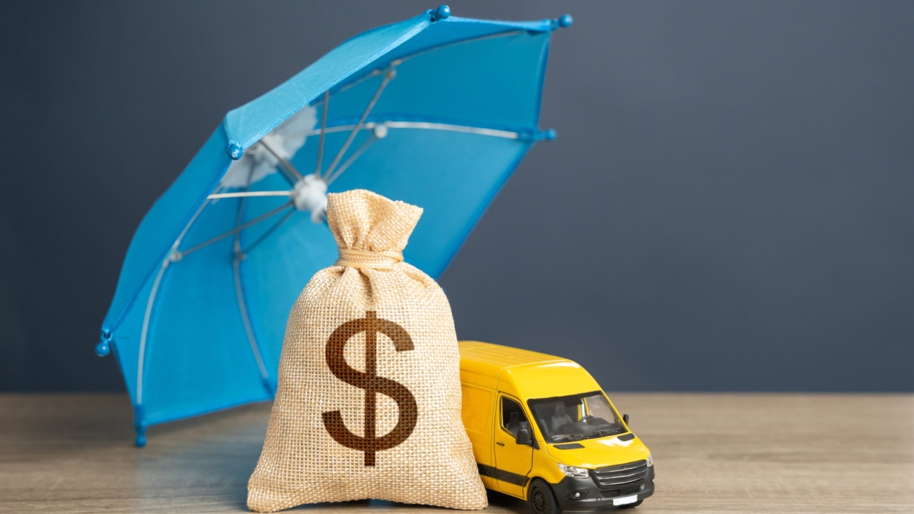 Delivery van and dollar money bag under an umbrella. Cargo and parcel insurance. Warranty obligations.